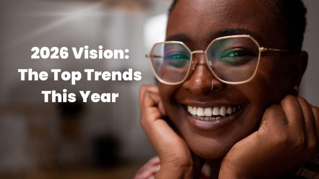a woman showing 2026 eyewear fashion trends and smiling
